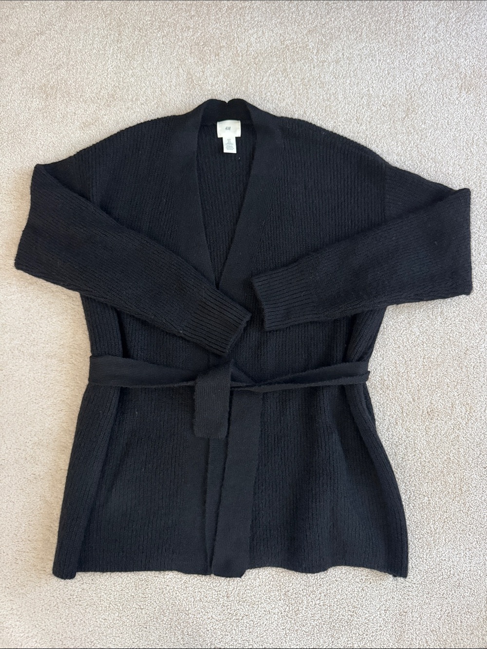 H&M Black Ribbed Belted Wrap Cardigan Sweater